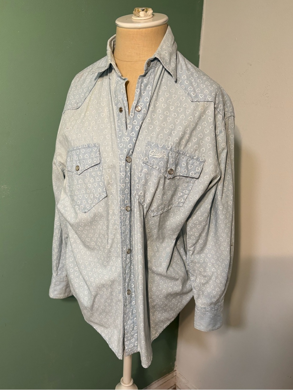 Vintage Guess Light Blue Men's Button-Down Western Shirt with Heart Print